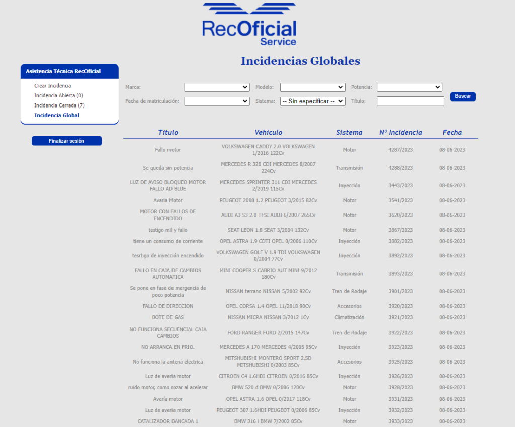 Pantallazo base de datos incidencias globales asistencia técnica RecOficial Service